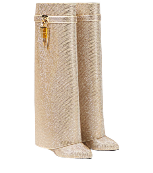 Shark Lock embellished knee-high boots