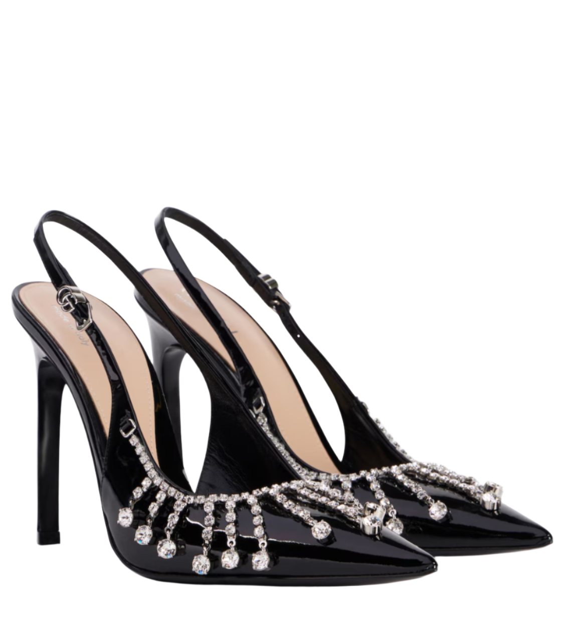 Embellished patent leather slingback pumps