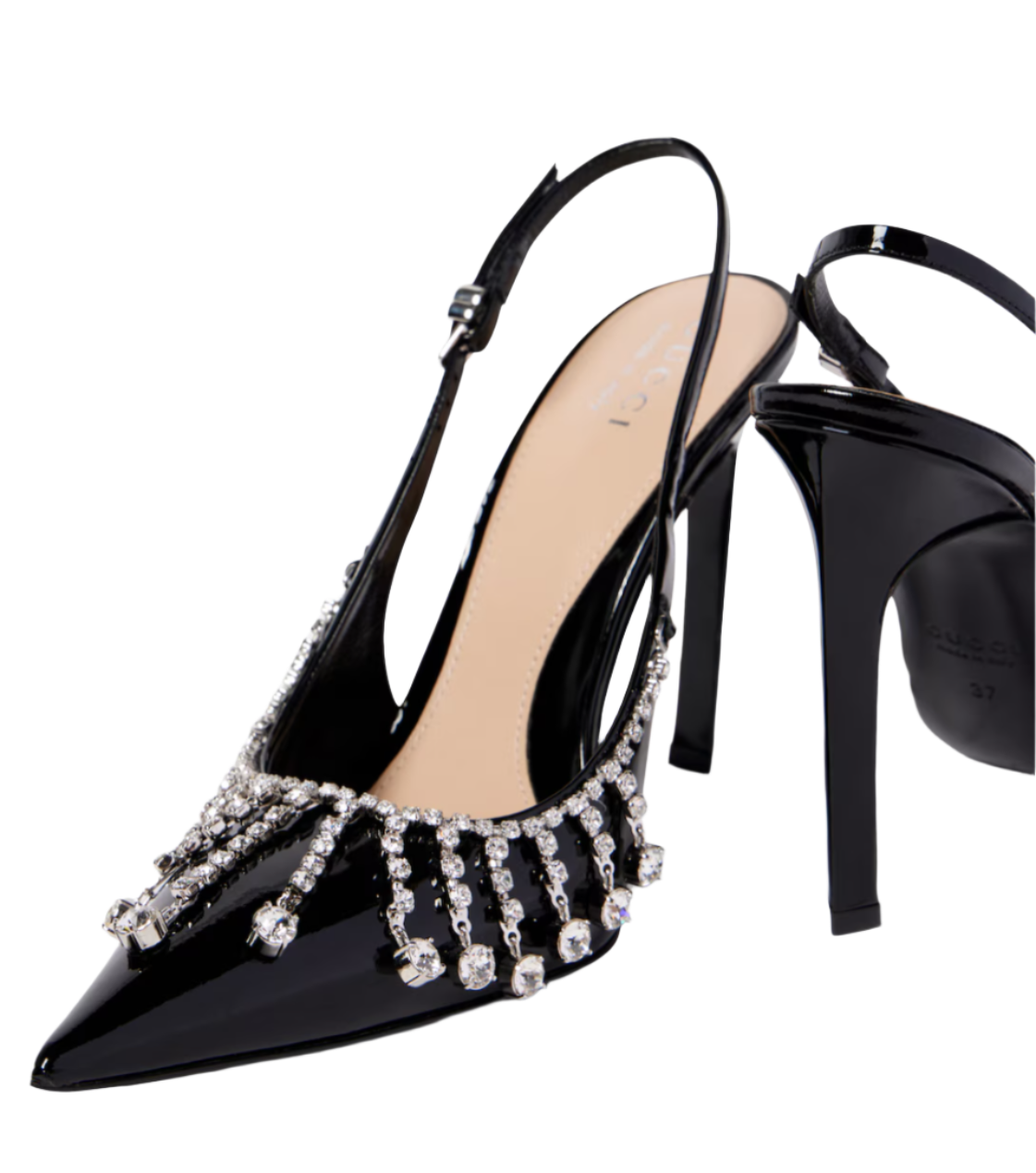 Embellished patent leather slingback pumps